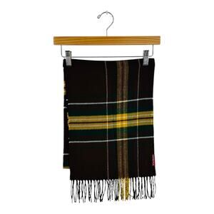 Merona Plaid Fringe Scarf Brown Green Yellow Tartan Size OS